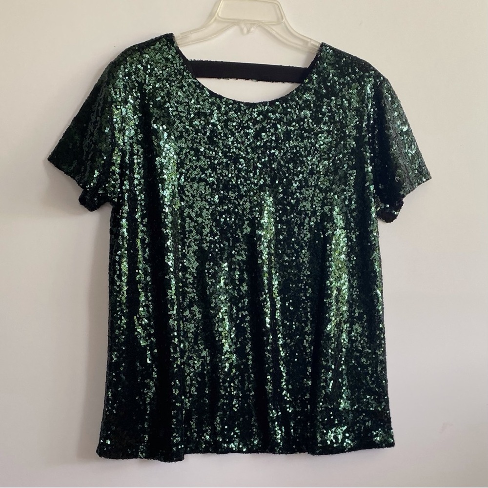 Vanilla Bay Green Sequin Short Sleeve Tee Blouse Size M NWT